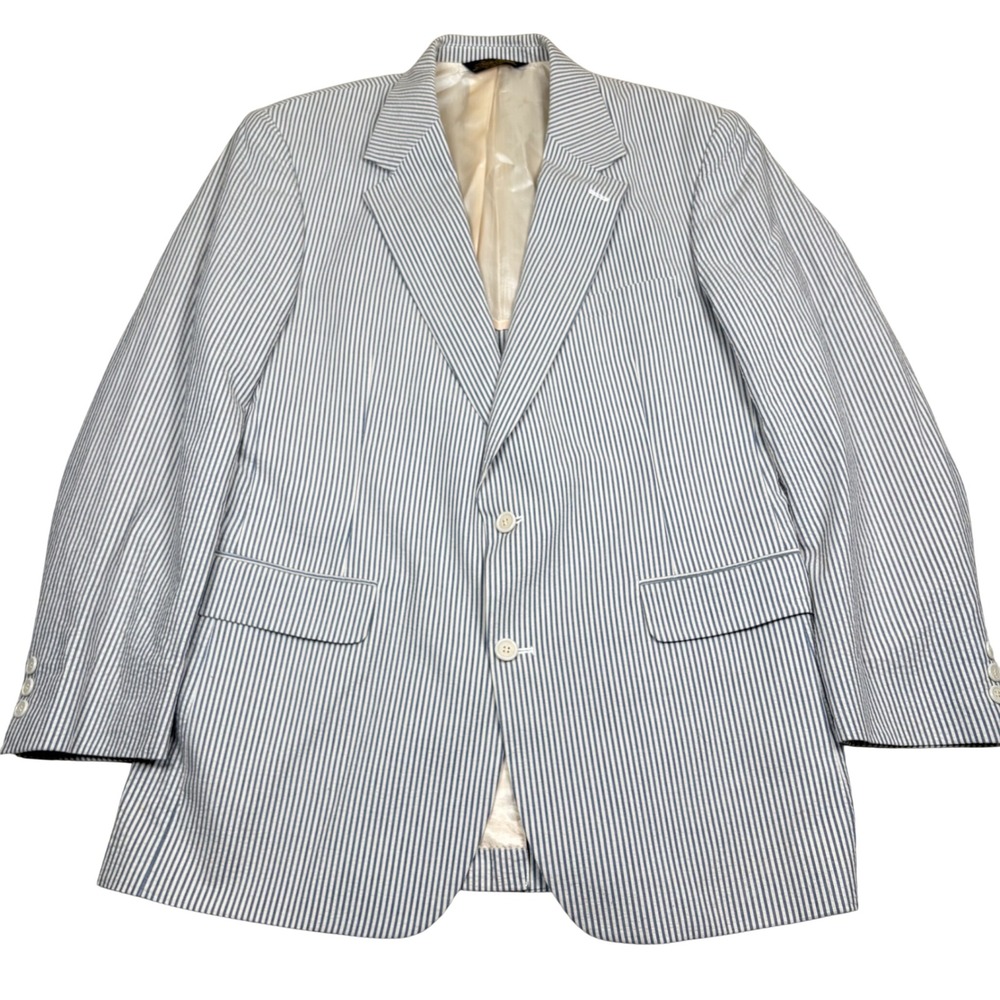 Brooks Brothers Mens 44L Seersucker Blazer Blue White Striped Cotton Sport Coat